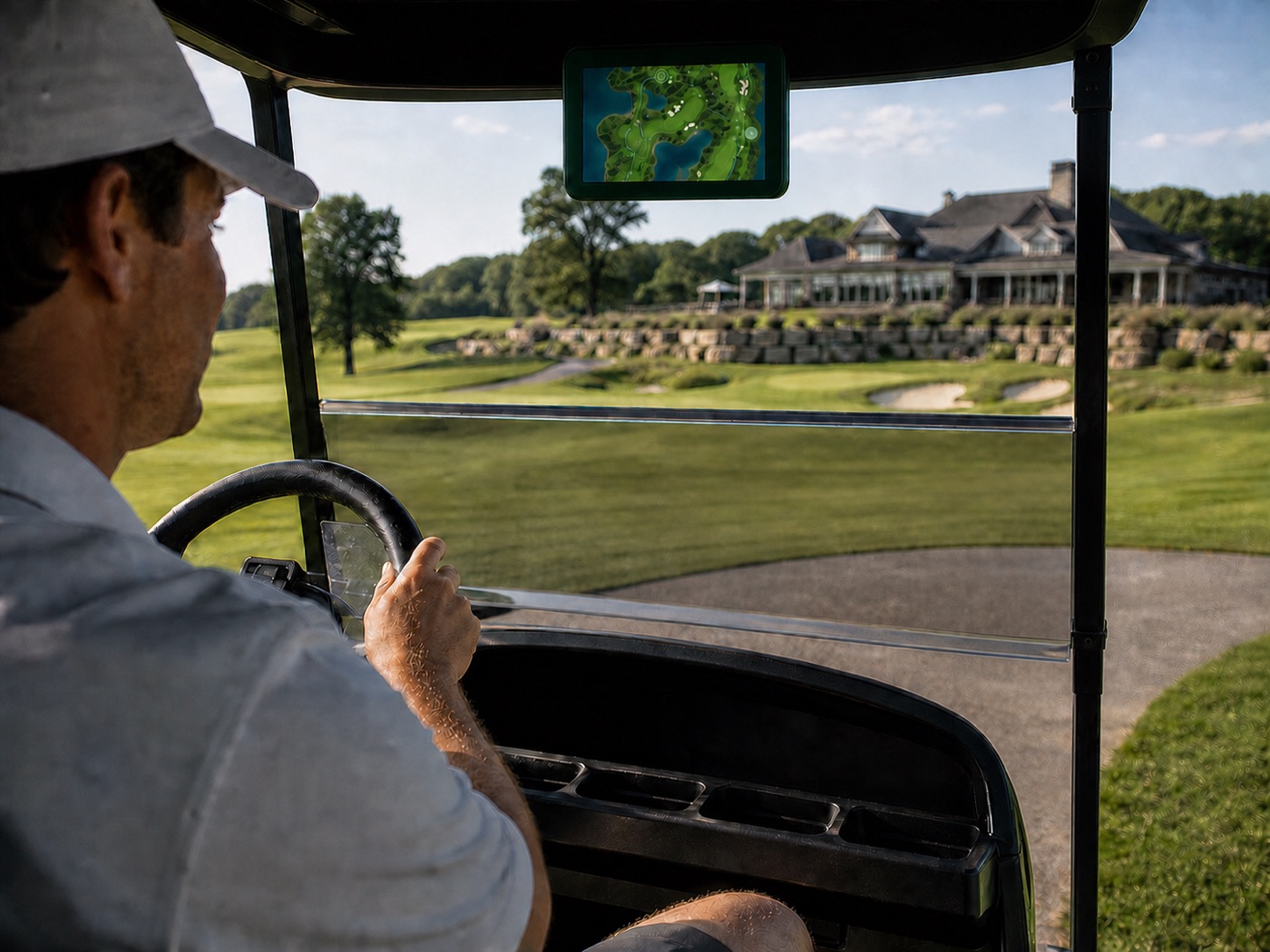 Golf cart with an integrated digital course display