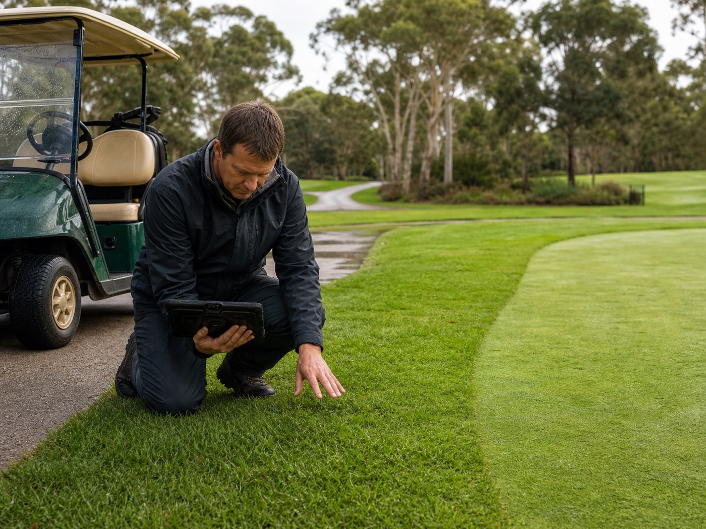 Grounds manager inspecting protected turf